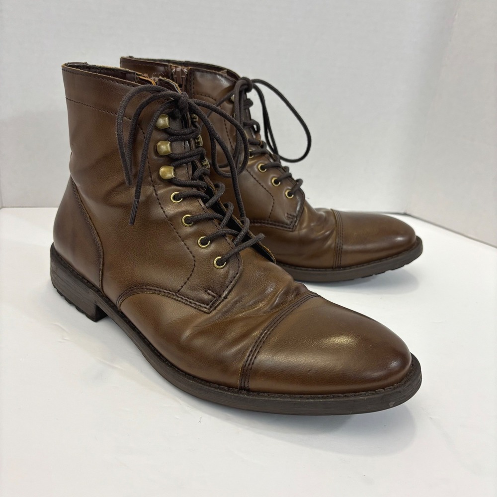 Zara Man Combat Boots Mens 41 (US 8) Brown Cap Toe Lace Up Side Zip Lug Sole